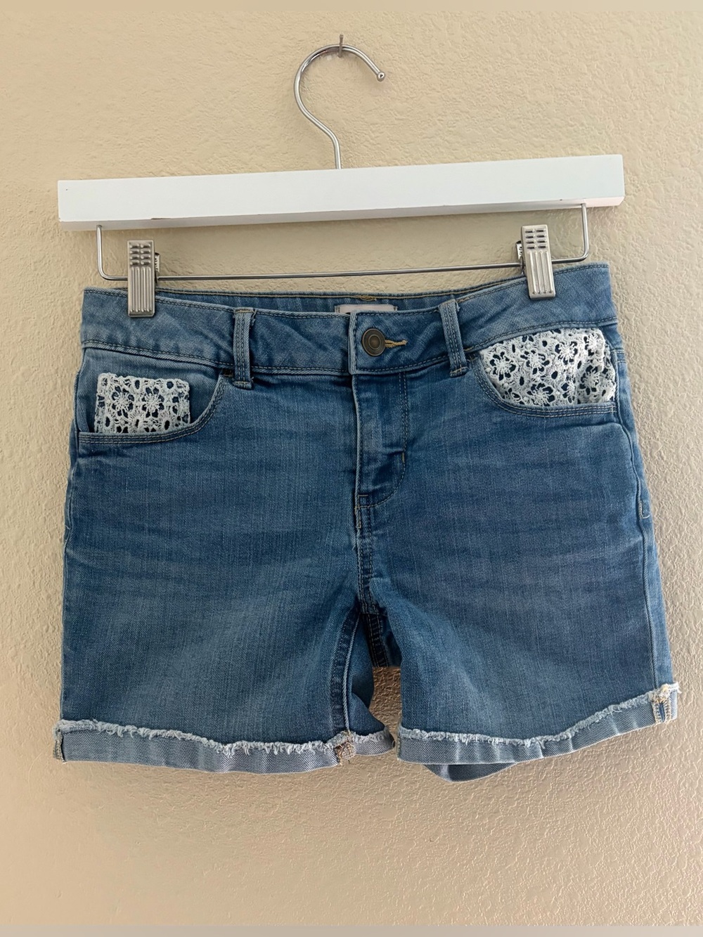 SO Blue Denim Shorts with White Lace Pockets